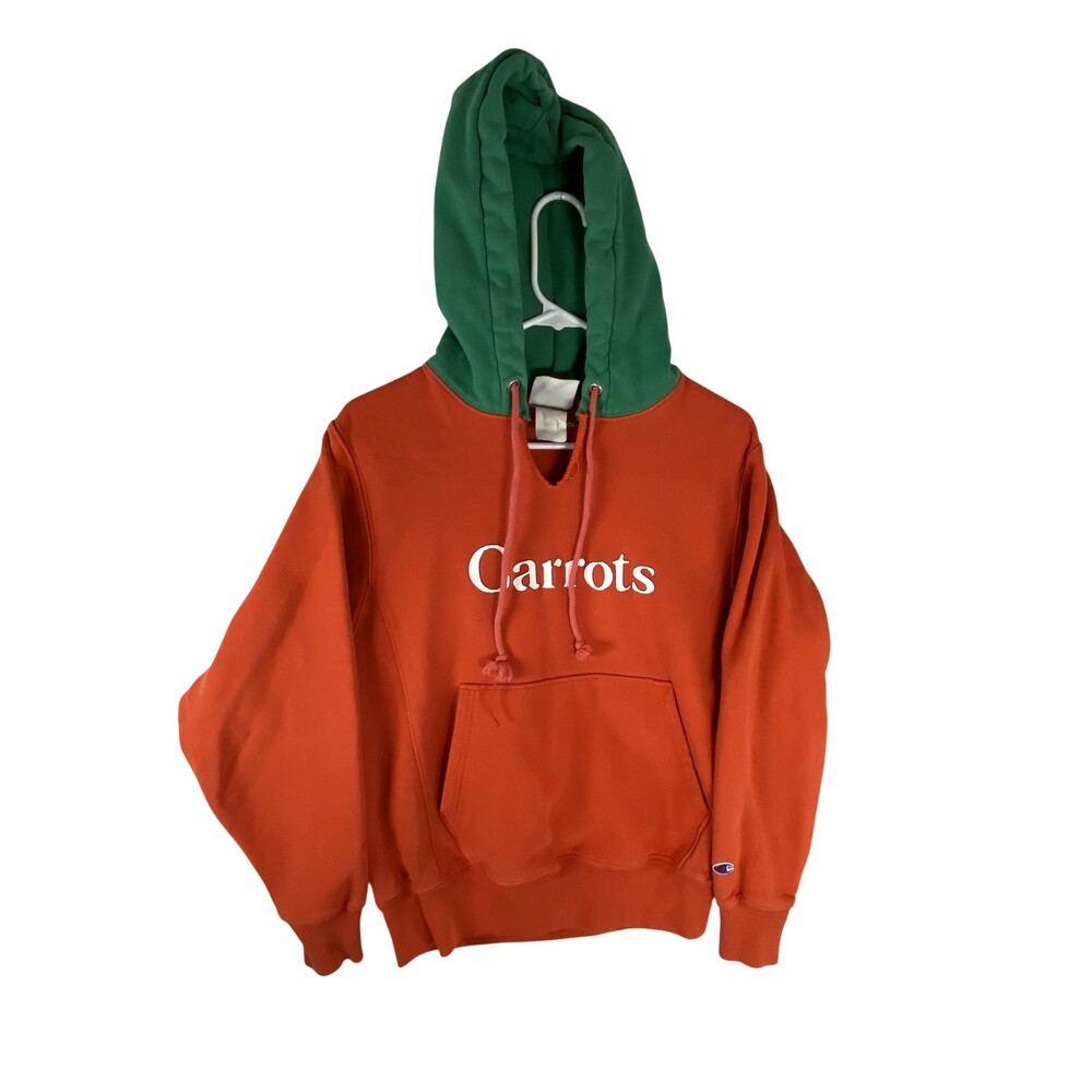 Champion Reverse Weave Hoodie Mens Small Orange Carrots Graphic Logo Pullover